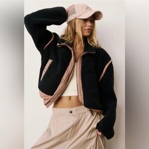 New Free People Movement Courtside Fleece Jacket, Black/Peach Bark Combo Sz XS